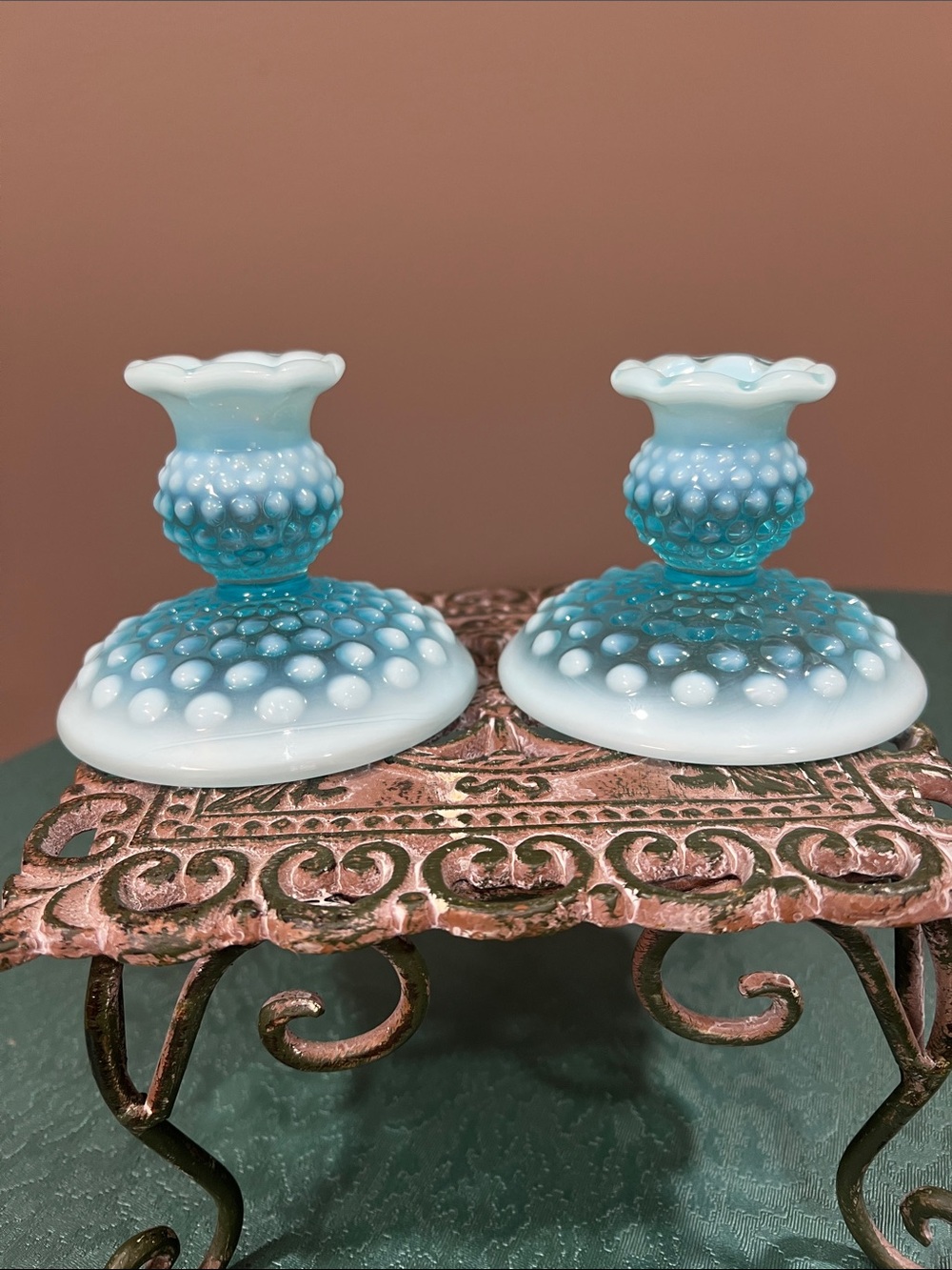 Fenton Blue Hobnail candle holders
